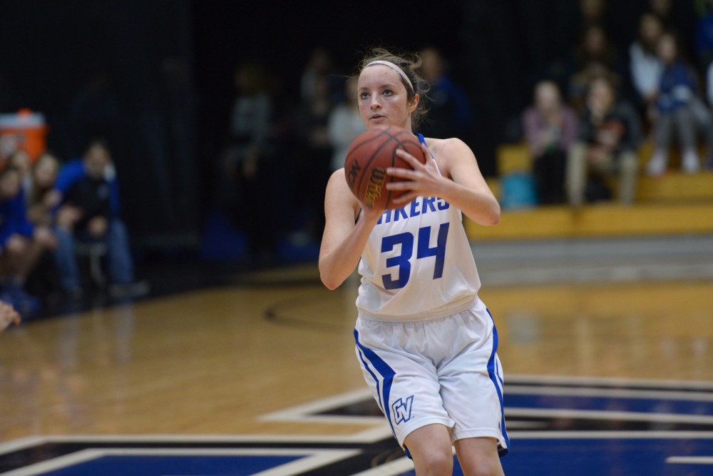 GVL / Luke Holmes - Bailey Cairnduff (34) sets up for the shot. GVSU Women’s Basketball defeated Wayne State University on Thursday, Jan.19, 2017.