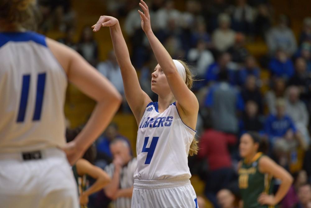 GVL / Luke Holmes - Jenn DeBoer (4) shoots from the line. GVSU Women’s Basketball defeated Wayne State University on Thursday, Jan.19, 2017.