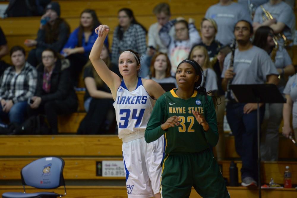 GVL / Luke Holmes - Bailey Cairnduff (34) watches as her shot drops. GVSU Women’s Basketball defeated Wayne State University on Thursday, Jan.19, 2017.