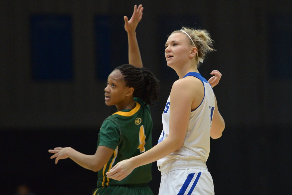 GVL / Luke Holmes - Piper Tucker (11) watches to see if her shot drops. GVSU Women’s Basketball defeated Wayne State University on Thursday, Jan.19, 2017.