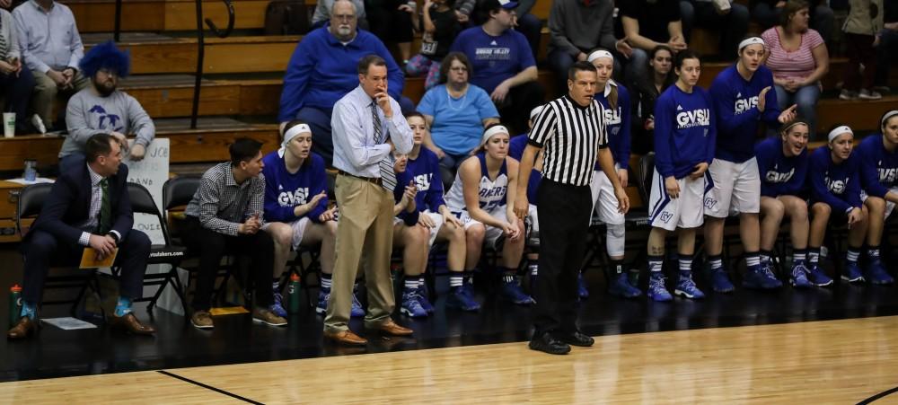 GVL/Kevin Sielaff - Head coach Mike Williams watches a play unfold during the game inside the Fieldhouse Arena as Grand Valley squares off against SVSU on Saturday, Jan. 21, 2017. The Lakers took the victory with a final score of 63-57.