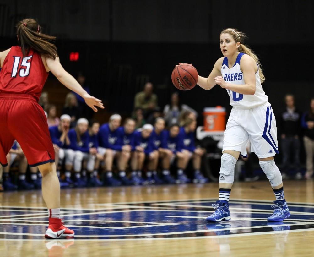 GVL/Kevin Sielaff - Taylor Lutz (10) handles the ball at mid-court and look to set up a play during the game inside the Fieldhouse Arena as Grand Valley squares off against SVSU on Saturday, Jan. 21, 2017. The Lakers took the victory with a final score of 63-57.