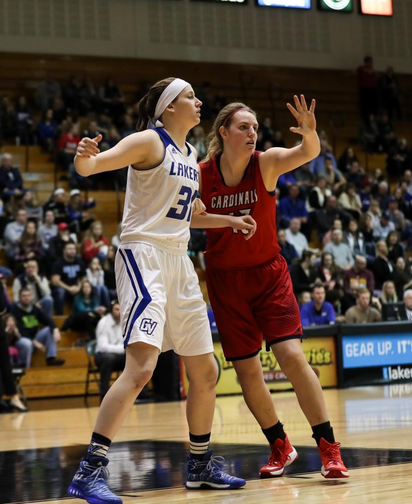 GVL/Kevin Sielaff - Cassidy Boensch (31) posts up in the paint during the game inside the Fieldhouse Arena as Grand Valley squares off against SVSU on Saturday, Jan. 21, 2017. The Lakers took the victory with a final score of 63-57.