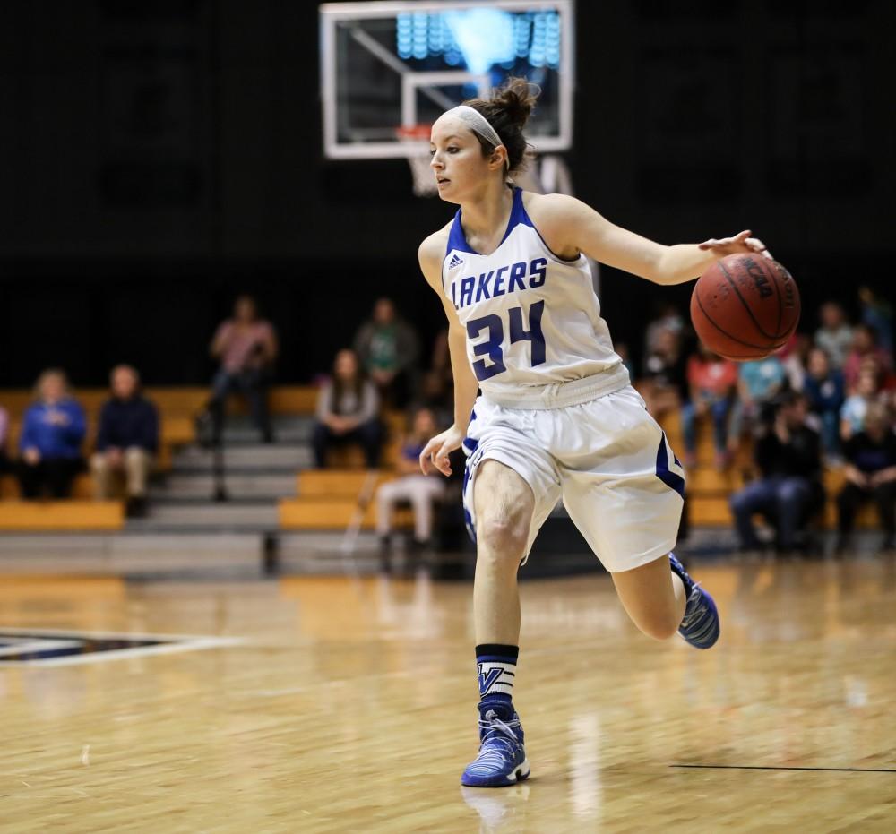 GVL/Kevin Sielaff - Bailey Cairnduff (31) handles the ball as she passes the half court line during the game inside the Fieldhouse Arena as Grand Valley squares off against SVSU on Saturday, Jan. 21, 2017. The Lakers took the victory with a final score of 63-57.