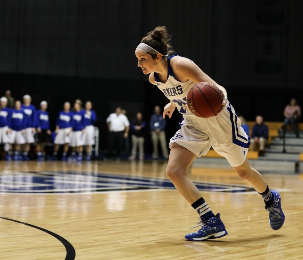 GVL/Kevin Sielaff - Bailey Cairnduff (34) lines herself up for a drive down the lane during the game inside the Fieldhouse Arena as Grand Valley squares off against SVSU on Saturday, Jan. 21, 2017. The Lakers took the victory with a final score of 63-57.