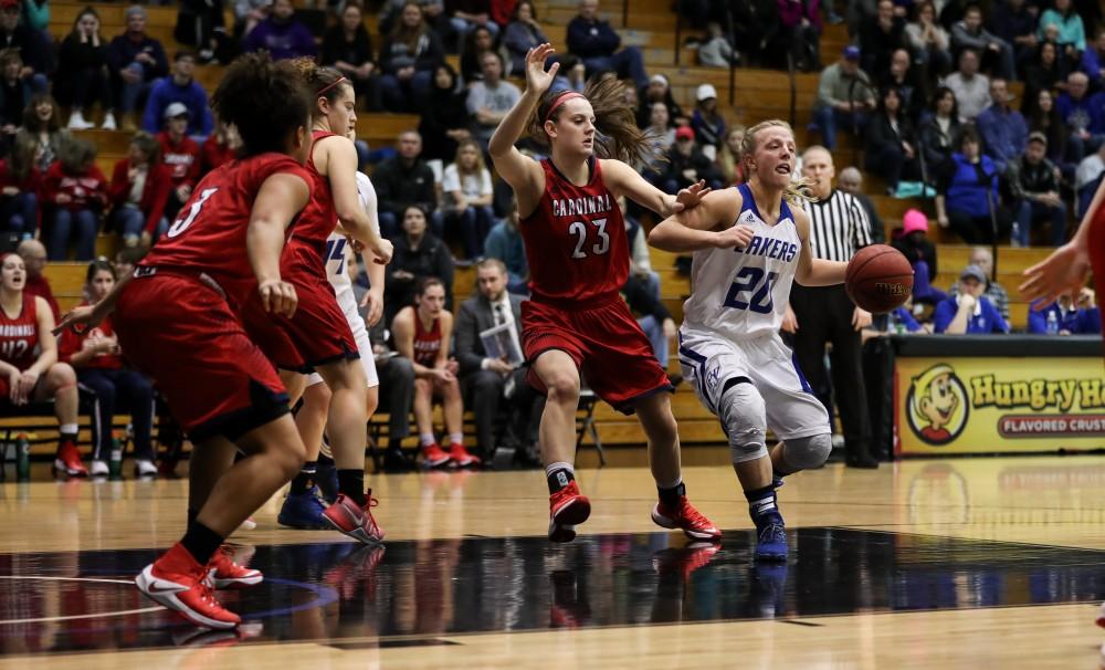 GVL/Kevin Sielaff - Janae Langs (20) jukes her way around Saginaw's defense during the game inside the Fieldhouse Arena as Grand Valley squares off against SVSU on Saturday, Jan. 21, 2017. The Lakers took the victory with a final score of 63-57.