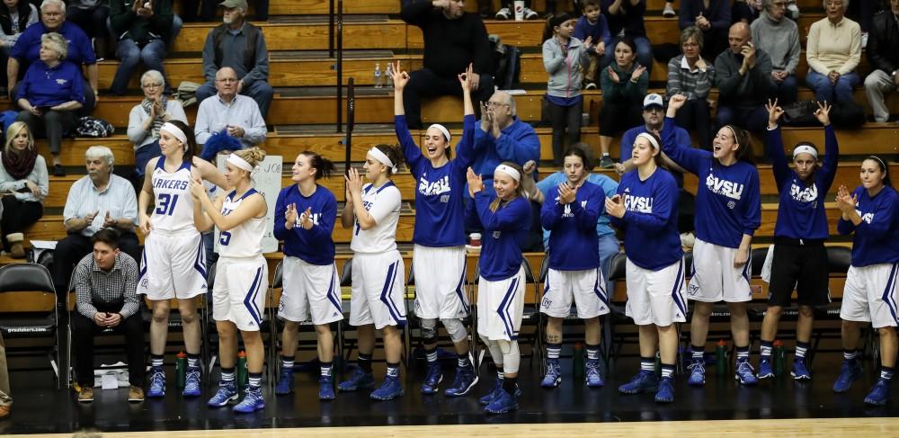 GVL/Kevin Sielaff - Grand Valley's bench celebrates a three pointer during the game inside the Fieldhouse Arena as Grand Valley squares off against SVSU on Saturday, Jan. 21, 2017. The Lakers took the victory with a final score of 63-57.