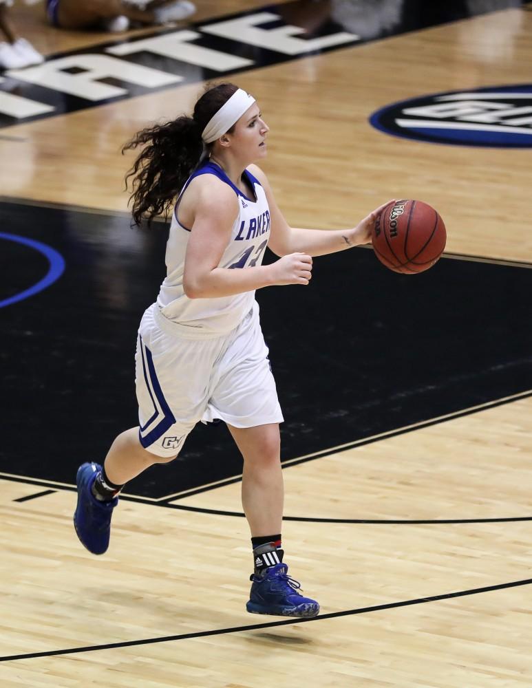 GVL/Kevin Sielaff - Kayla Dawson (23) handles the ball as she moves up the court during the game inside the Fieldhouse Arena as Grand Valley squares off against SVSU on Saturday, Jan. 21, 2017. The Lakers took the victory with a final score of 63-57.