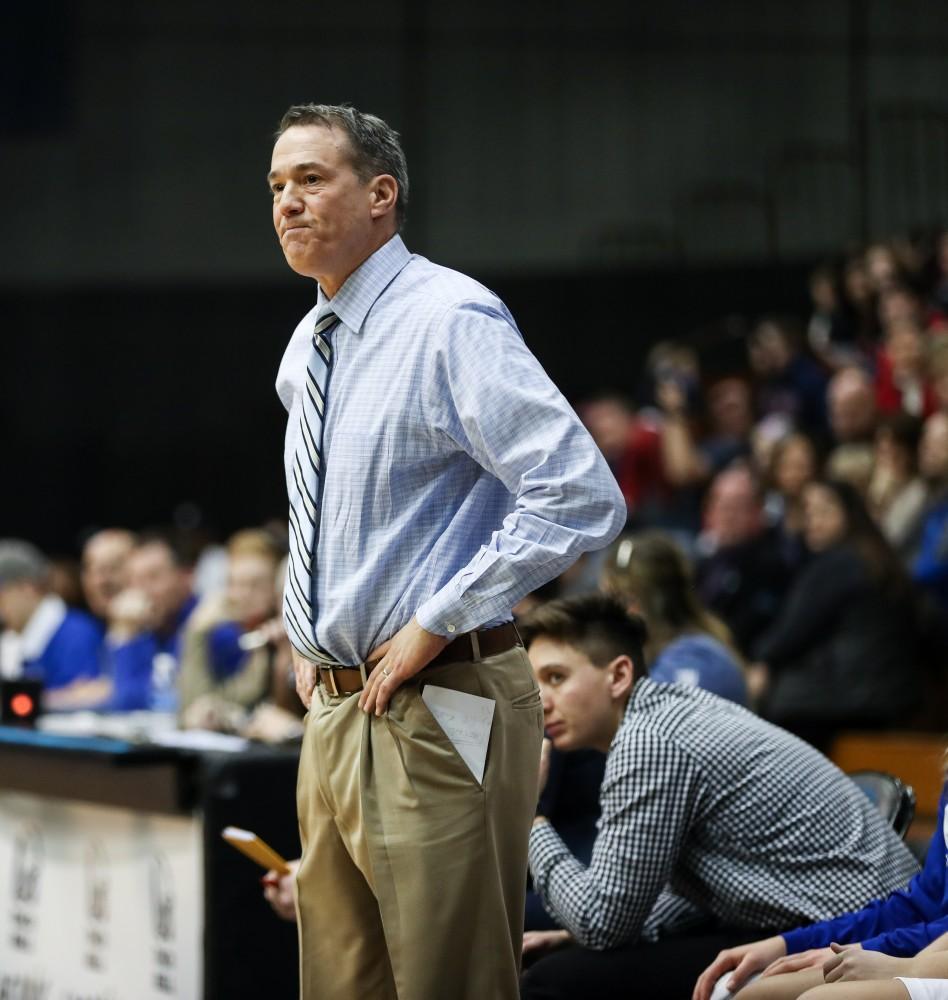 GVL/Kevin Sielaff - Head coach Mike Williams looks on toward a play during the game inside the Fieldhouse Arena as Grand Valley squares off against SVSU on Saturday, Jan. 21, 2017. The Lakers took the victory with a final score of 63-57.