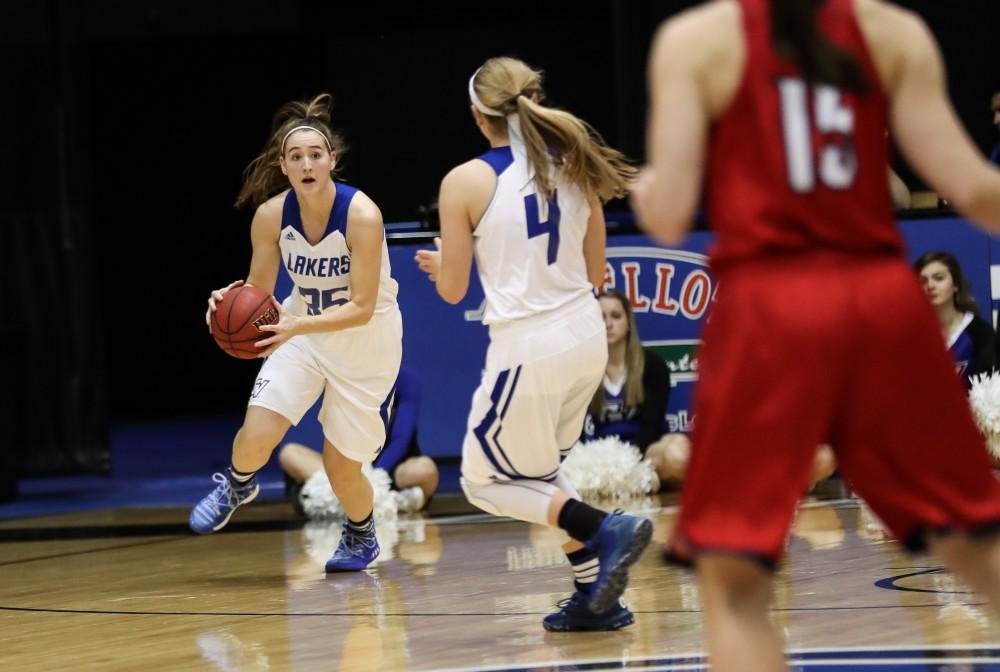 GVL/Kevin Sielaff - Maddie Dailey (35) rebounds the ball and passes up court during the game inside the Fieldhouse Arena as Grand Valley squares off against SVSU on Saturday, Jan. 21, 2017. The Lakers took the victory with a final score of 63-57.