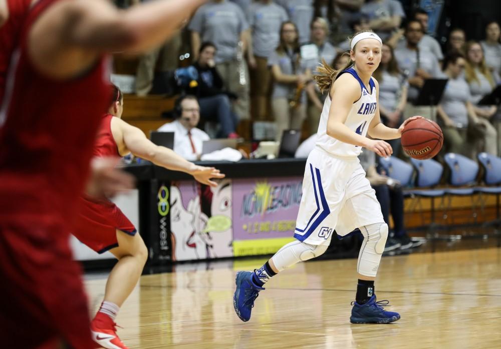 GVL/Kevin Sielaff - Jenn DeBoer (4) controls the ball at the top of the arc during the game inside the Fieldhouse Arena as Grand Valley squares off against SVSU on Saturday, Jan. 21, 2017. The Lakers took the victory with a final score of 63-57.