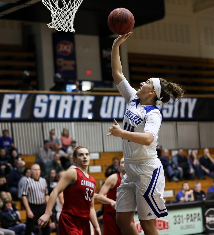 GVL/Kevin Sielaff - Taylor Parmley (14) drives to the hoop and converts during the game inside the Fieldhouse Arena as Grand Valley squares off against SVSU on Saturday, Jan. 21, 2017. The Lakers took the victory with a final score of 63-57.