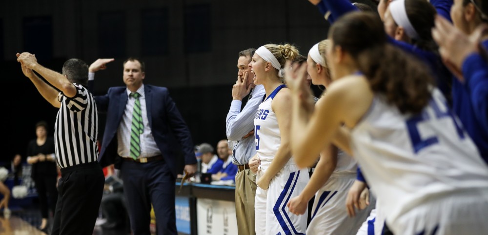 GVL/Kevin Sielaff - Lindsay Baker (15) celebrates a Laker bucket during the game inside the Fieldhouse Arena as Grand Valley squares off against SVSU on Saturday, Jan. 21, 2017. The Lakers took the victory with a final score of 63-57.