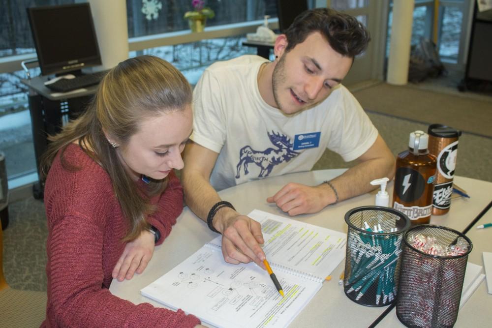 GVL/Mackenzie Bush - Daniel Taccolini and Haleigh Hunter work together in the Writing Center Tuesday, Jan. 17, 2017. 