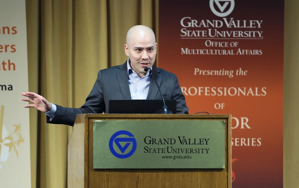 GVL/Kevin Sielaff - Samuel D. Museus, Associate Professor of Higher Education and Student Affairs at Indiana University Bloomington, speaks inside Kirkhof's Grand River Room on Wednesday, Feb. 8, 2017. 