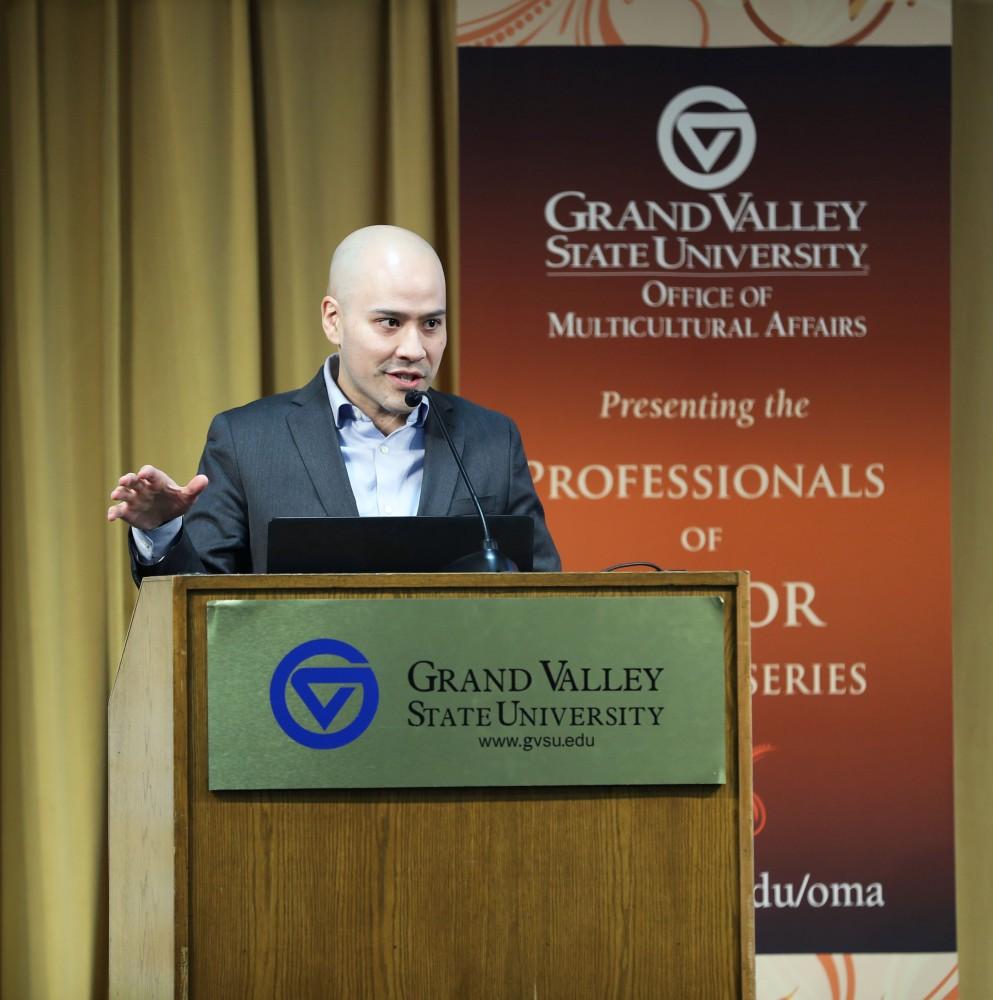 GVL/Kevin Sielaff - Samuel D. Museus, Associate Professor of Higher Education and Student Affairs at Indiana University Bloomington, speaks inside Kirkhof's Grand River Room on Wednesday, Feb. 8, 2017. 