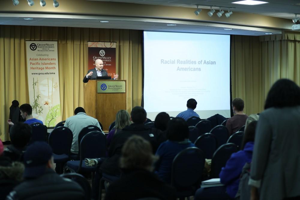 GVL/Kevin Sielaff - Samuel D. Museus, Associate Professor of Higher Education and Student Affairs at Indiana University Bloomington, speaks inside Kirkhof's Grand River Room on Wednesday, Feb. 8, 2017. 