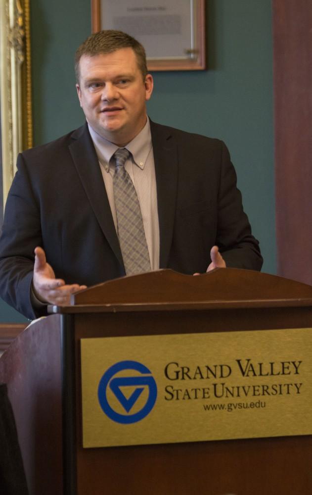 GVL/Mackenzie Bush - Adam London, Health Officer for Kent County, speaks in the University Club, Tuesday, Feb. 21, 2017. 