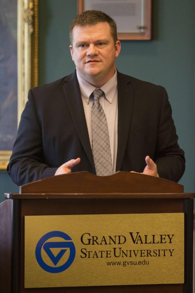 GVL/Mackenzie Bush -Adam London, Health Officer for Kent County, speaks in the University Club Tuesday, Feb. 21, 2017. 