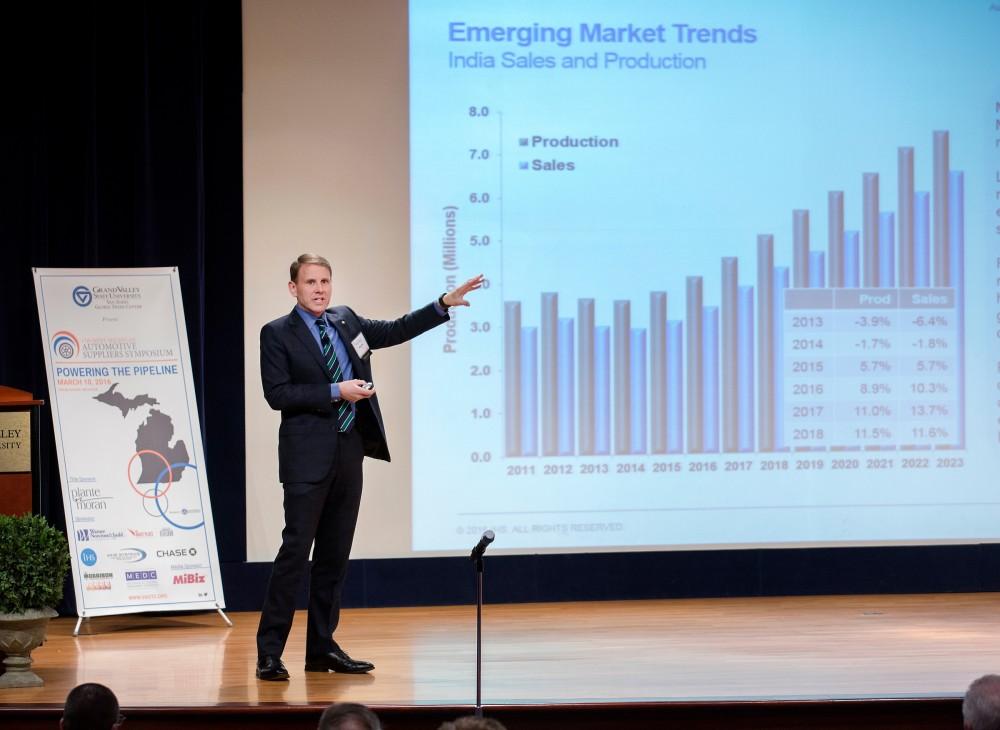 GVL / Courtesy - GVSU University CommunicationsMike Wall of IHS Automotive presents during the 17th West Michigan Automotive Suppliers Symposium inside Grand Valleys Loosemore Auditorium on Thursday, March 10, 2016.