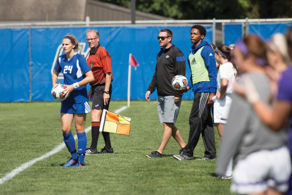 GVL/Kevin Sielaff - Head coach Jeff Hosler directs his team. Grand Valleys womens soccer team defeats #4 ranked Minnesota State by a score on Sunday, Sept. 13, 2015. 