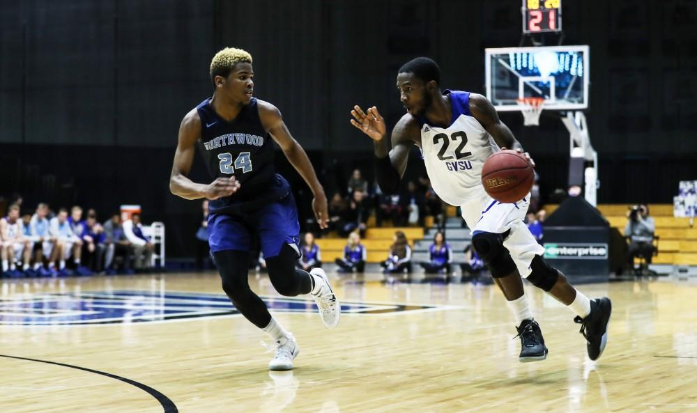 Juwan Starks (22) drives the ball to the hoop during the game vs. Northwood inside the Fieldhouse Arena in Allendale on Thursday, Feb. 9, 2017. 