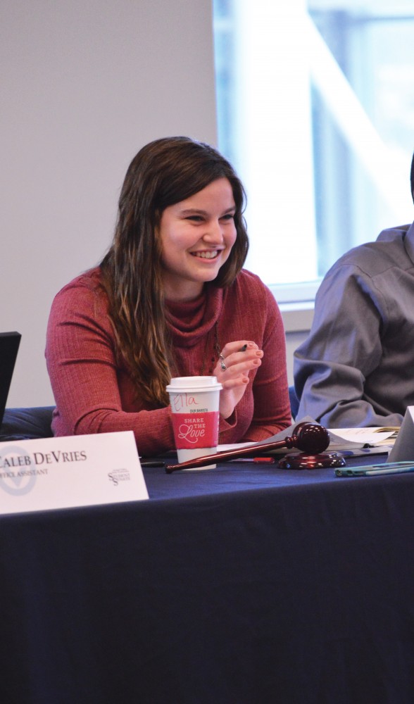 ​GVL/ Hannah Zajac - Ella Fritzemeier discusses her president report as Student Senate convenes inside the Pere Marquette room on Thursday, Feb. 9, 2017.