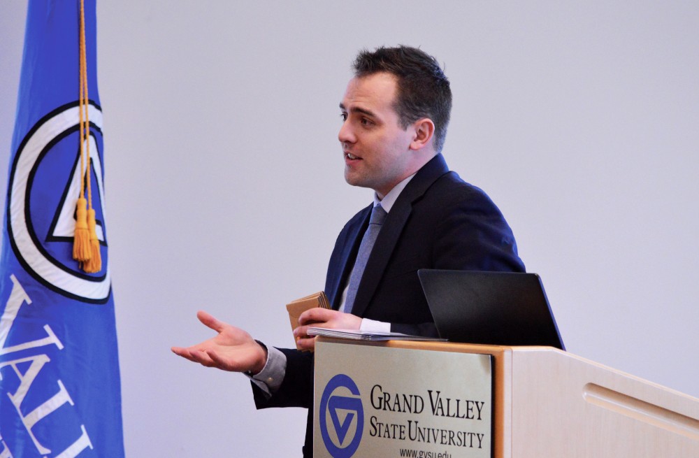 GVL/ Hannah Zajac - Chadd Dowding from Cook Leadership Academy presents during the Student Senate meeting inside the Pere Marquette room on Thursday, Feb. 9, 2017.