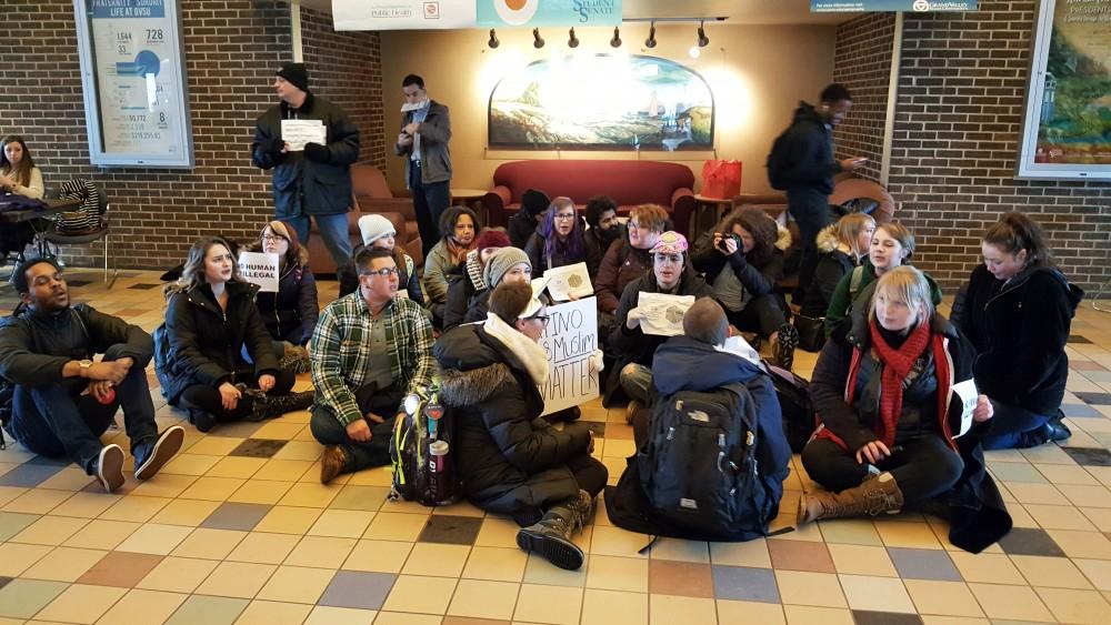 GVL / Courtesy - Jason BlanksStudents gather inside the Kirkhof Center on Tuesday, Jan. 31, 2017 in protest of President Trump's immigration ban.