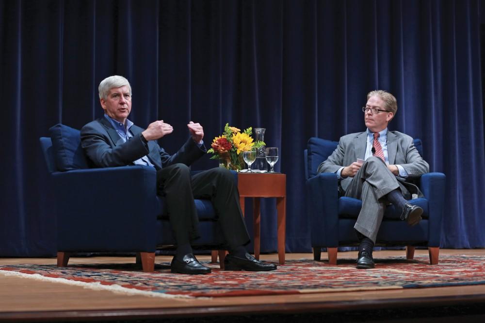 GVL / Kevin Sielaff - Michigan Gov. Rick Snyder visits Grand Rapids Oct. 7 for the 2015 State University Summit. Gov. Snyder was greeted by officials working within higher education institutions from across Michigan. 