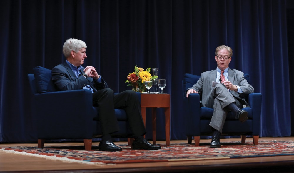 GVL / Kevin Sielaff - Michigan Gov. Rick Snyder visits Grand Rapids on Wednesday, Oct. 7, 2015 for the 2015 State University Summit. Gov. Snyder was greeted by officials working within higher education institutions from across Michigan. 