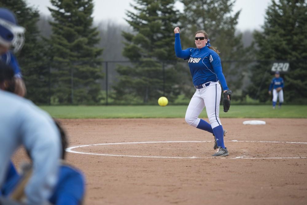 GVL / Luke Holmes - Allison Lipovsky (18) throws the pitch. Grand Valley Womens Softball won 9-5 in their first game against Lake Superior State on Monday, April 18, 2016.