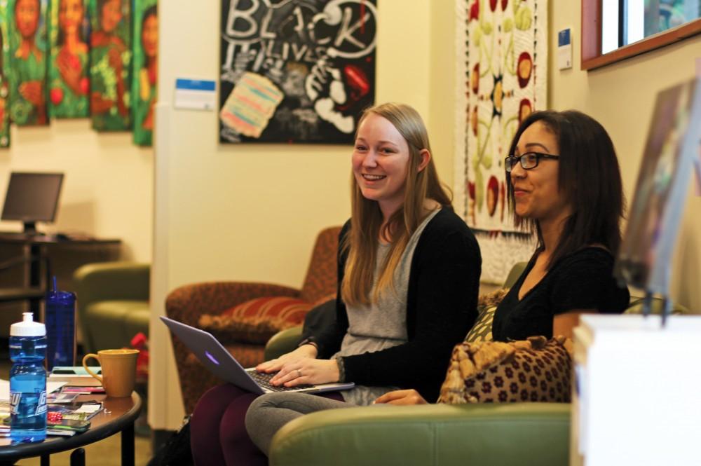 GVL/ Hannah Zajac- Candace Faistenhammer (left) and Marissa Kinney (right) discuss the latest topic in Talk Back Tuesday, in the Women's Center on Feb. 21, 2017