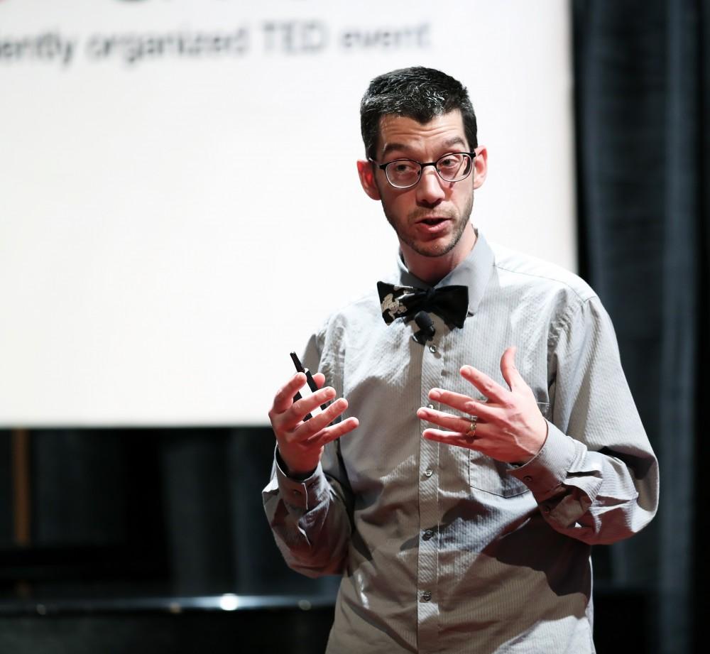 GVL/Kevin Sielaff - Ryan Lafferty, a marketing and brand strategist who teaches at both GVSU and the Kendall College of Art and Design, speaks during the TEDxGVSU event held in Grand Valley's Cook-DeWitt Center on Friday, Feb. 24, 2017.