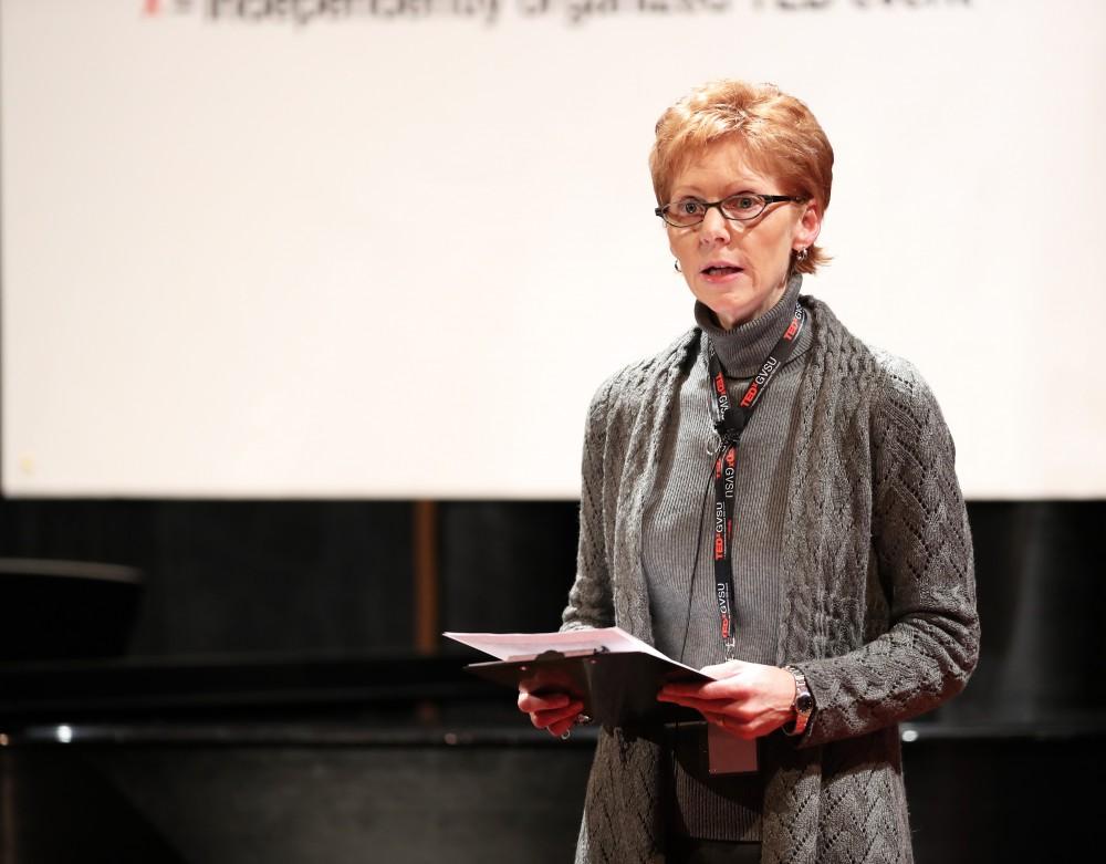 GVL/Kevin Sielaff - Moderator Linda Chamberlain introduces the various speakers during the TEDxGVSU event held in Grand Valley's Cook-DeWitt Center on Friday, Feb. 24, 2017.