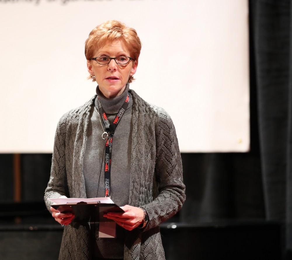 GVL/Kevin Sielaff - Moderator Linda Chamberlain introduces the various speakers during the TEDxGVSU event held in Grand Valley's Cook-DeWitt Center on Friday, Feb. 24, 2017.