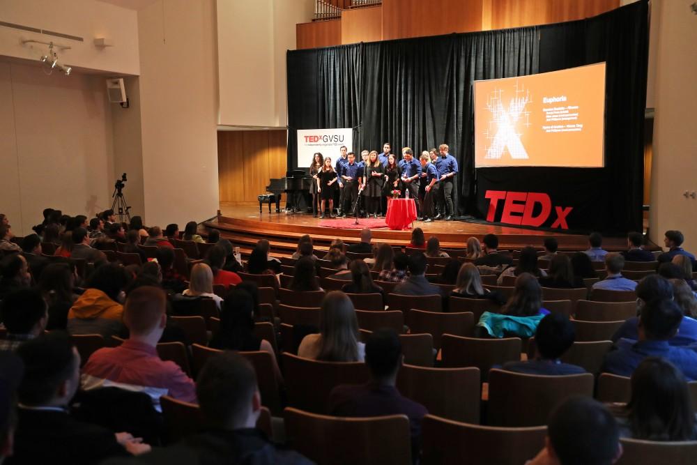 GVL/Kevin Sielaff - Euphoria acappella group performs during the TEDxGVSU event held in Grand Valley's Cook-DeWitt Center on Friday, Feb. 24, 2017.