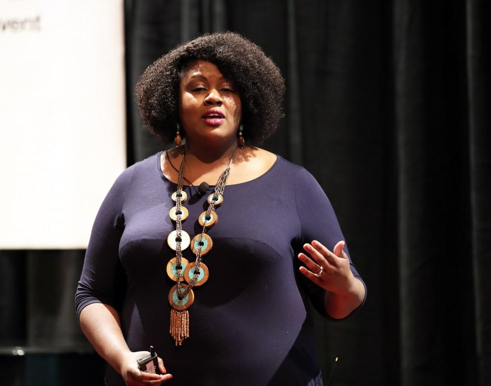 GVL/Kevin Sielaff - Shannon Cohen, the founder of Tough Skin, Soft Heart, speaks during the TEDxGVSU event held in Grand Valley's Cook-DeWitt Center on Friday, Feb. 24, 2017.