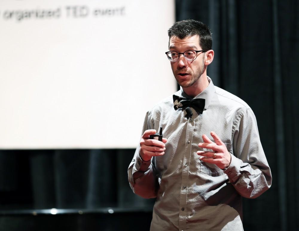 GVL/Kevin Sielaff - Ryan Lafferty, a marketing and brand strategist who teaches at both GVSU and the Kendall College of Art and Design, speaks during the TEDxGVSU event held in Grand Valley's Cook-DeWitt Center on Friday, Feb. 24, 2017.