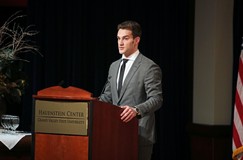 GVL / Emily Frye      
Ollie Ajami introduces speaker Dr. Damon Arnold on Friday Feb. 10, 2017.