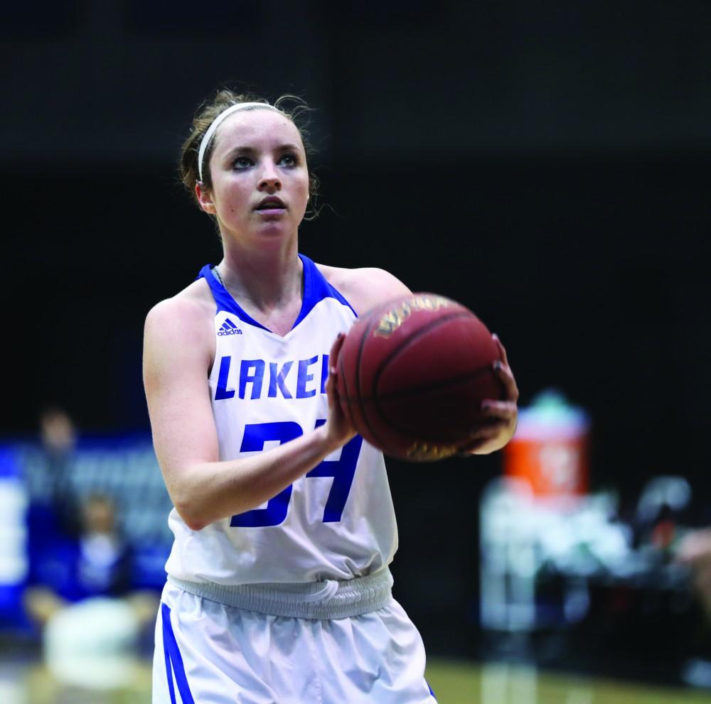 GVL/Kevin Sielaff - Bailey Cairnduff (34) pulls up for a free throw attempt during the game against Northern Michigan on Saturday, Feb. 18, 2017 inside the Fieldhouse Arena in Allendale.