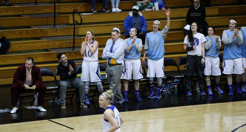 The Laker bench celebrates a three pointer during the game vs. Northwood inside the Fieldhouse Arena in Allendale on Thursday, Feb. 9, 2017. 