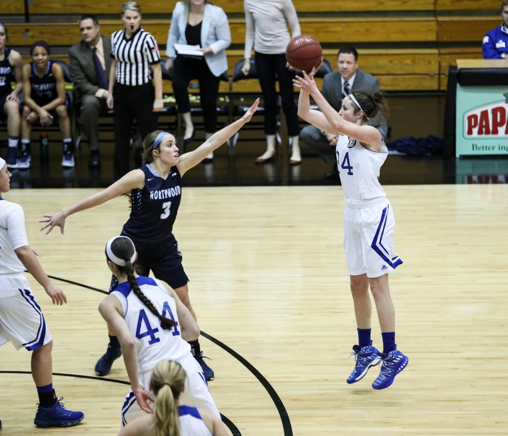 Bailey Cairnduff (34) tries a three pointer during the game vs. Northwood inside the Fieldhouse Arena in Allendale on Thursday, Feb. 9, 2017. 