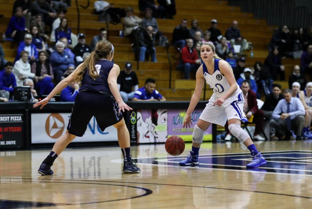 Taylor Lutz (10) controls the ball and looks to set up a play during the game vs. Northwood inside the Fieldhouse Arena in Allendale on Thursday, Feb. 9, 2017. 