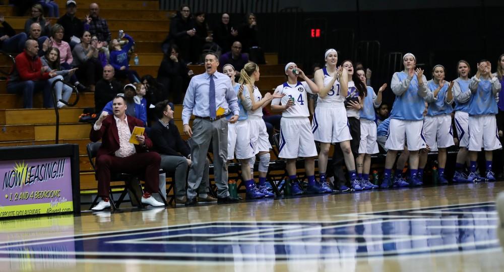 The Laker bench celebrates a three pointer during the game vs. Northwood inside the Fieldhouse Arena in Allendale on Thursday, Feb. 9, 2017. 