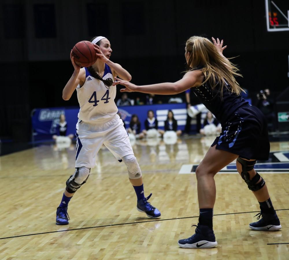 Korynn Hincka (44) controls the ball and looks to pass during the game vs. Northwood inside the Fieldhouse Arena in Allendale on Thursday, Feb. 9, 2017. 