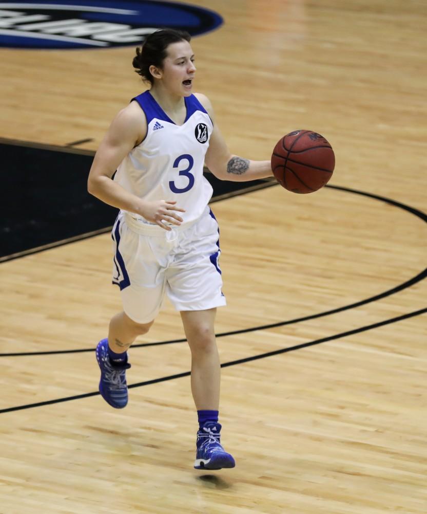 Laekyn Jaciuk (3) carries the ball up the court during the game vs. Northwood inside the Fieldhouse Arena in Allendale on Thursday, Feb. 9, 2017. 