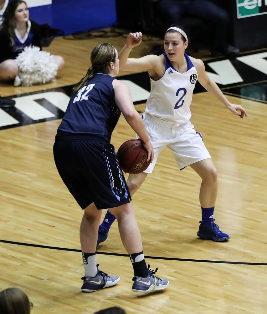 Keyara Wiard (2) defends Laker territory during the game vs. Northwood inside the Fieldhouse Arena in Allendale on Thursday, Feb. 9, 2017. 