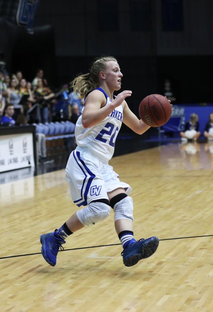 GVL/Kevin Sielaff - Janae Langs (20) pulls up for a shot during the game against Northern Michigan on Saturday, Feb. 18, 2017 inside the Fieldhouse Arena in Allendale.