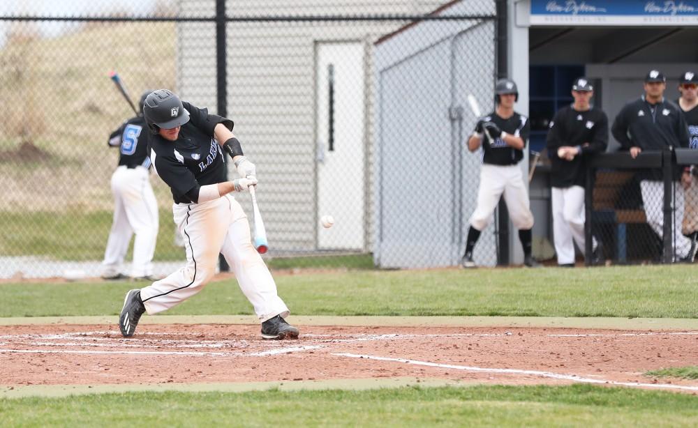 GVL/Kevin Sielaff - Brody Andrews (34) takes a swing during the game vs. Lewis University on Wednesday, March 29, 2017. 